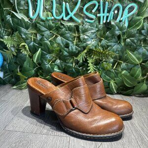 Born Handcrafted Women's Brown Leather Slides Mule Clog Chunky Heel Size 10